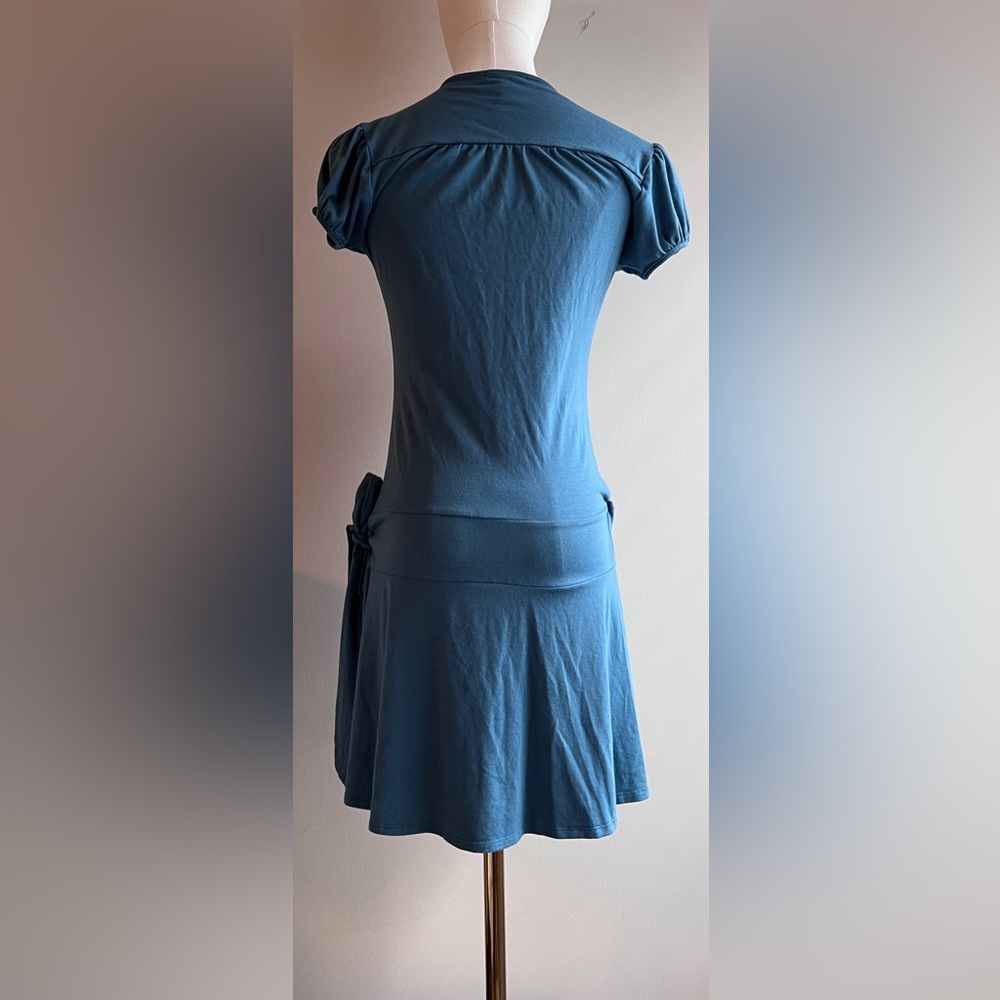 Blue Wrap Dress with plunging neckline, drop waist, button detail on cap sleeve. - Picture 3 of 5